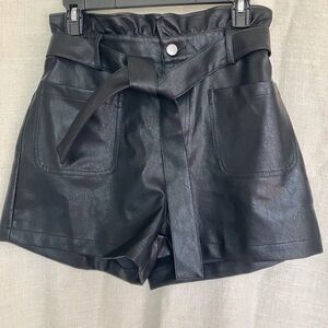 Francesca's Collections Black High Waist Faux Leather Shorts think black tights
